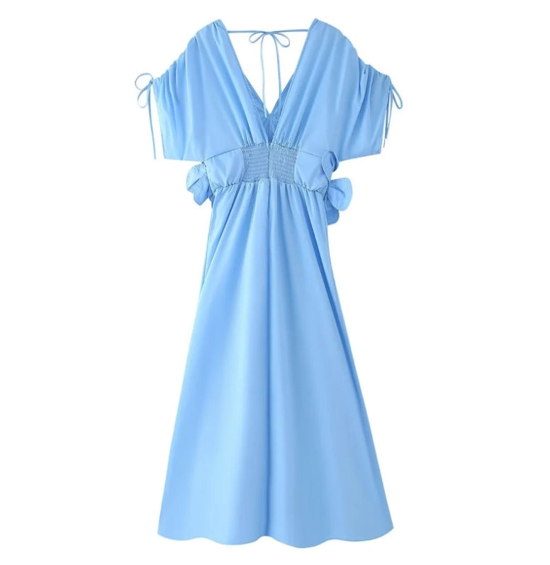 Women's Blue V-Neck Slim Waist Lace-Up Flower Bow Holidays Long Dress 10