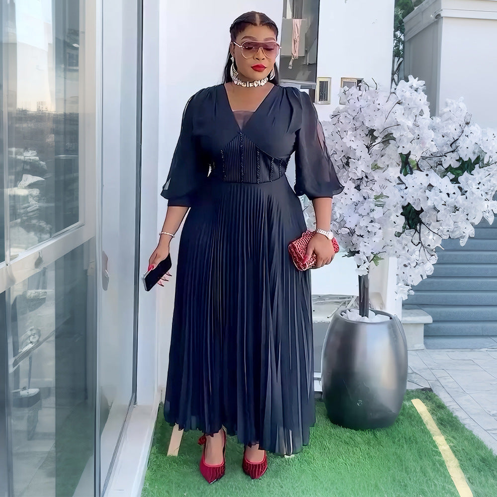 Plus Size African Women elegant v-neck pleated dress 5