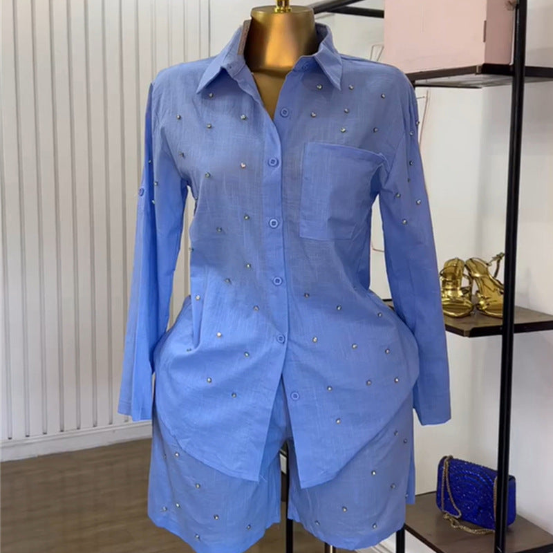 Women's summer fashion solid color turn-down collar beaded slim fit long sleeve shirt and shorts set 4