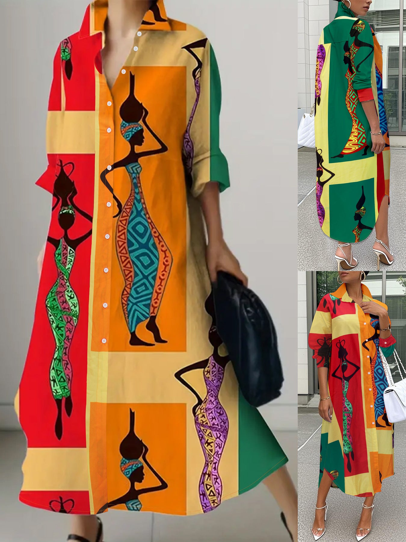 Women's Fashion Elegant Print Turndown Collar Long Sleeve Shirt Dress