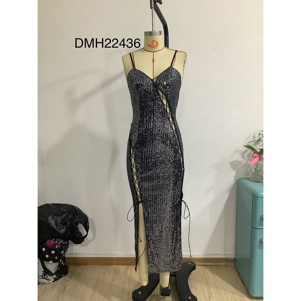 Spring And Autumn Fashion Sexy Dress Hollow Lace-Up Sequin Slim Fit Suspender Dress 9