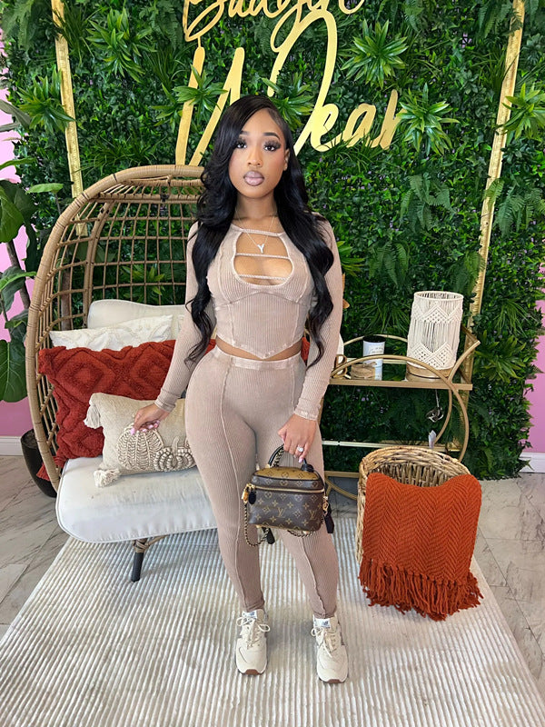 Women's Stretch Ribbed Tight Fitting Sexy Long Sleeve Two-Piece Pants Set 3