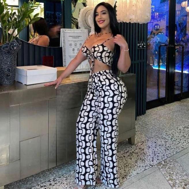 Women print lace-up hollow sling top and wide-leg pants two-piece set 3