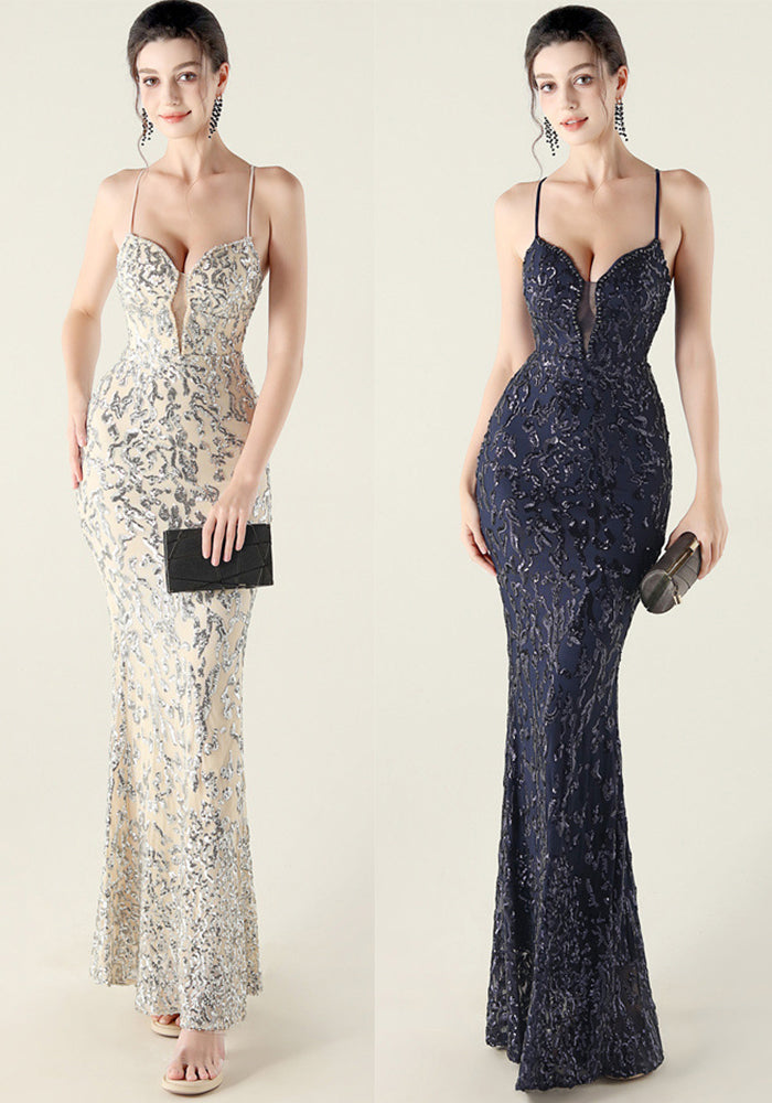 Embroidery Sequin Slim Waist Lace-Up Deep V Neck Strap Formal Party Evening Dress