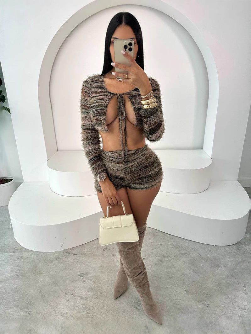 Fashion Women's Spring Summer Fur Crop Lace-Up Long Sleeve Cropped Top Shorts Sexy Two-Piece Set 3