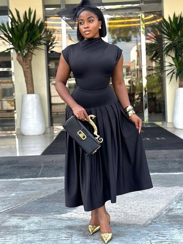 Women's Solid Color Fashion Chic Top Sleeveless Skirt Two Piece Trendy Set 5