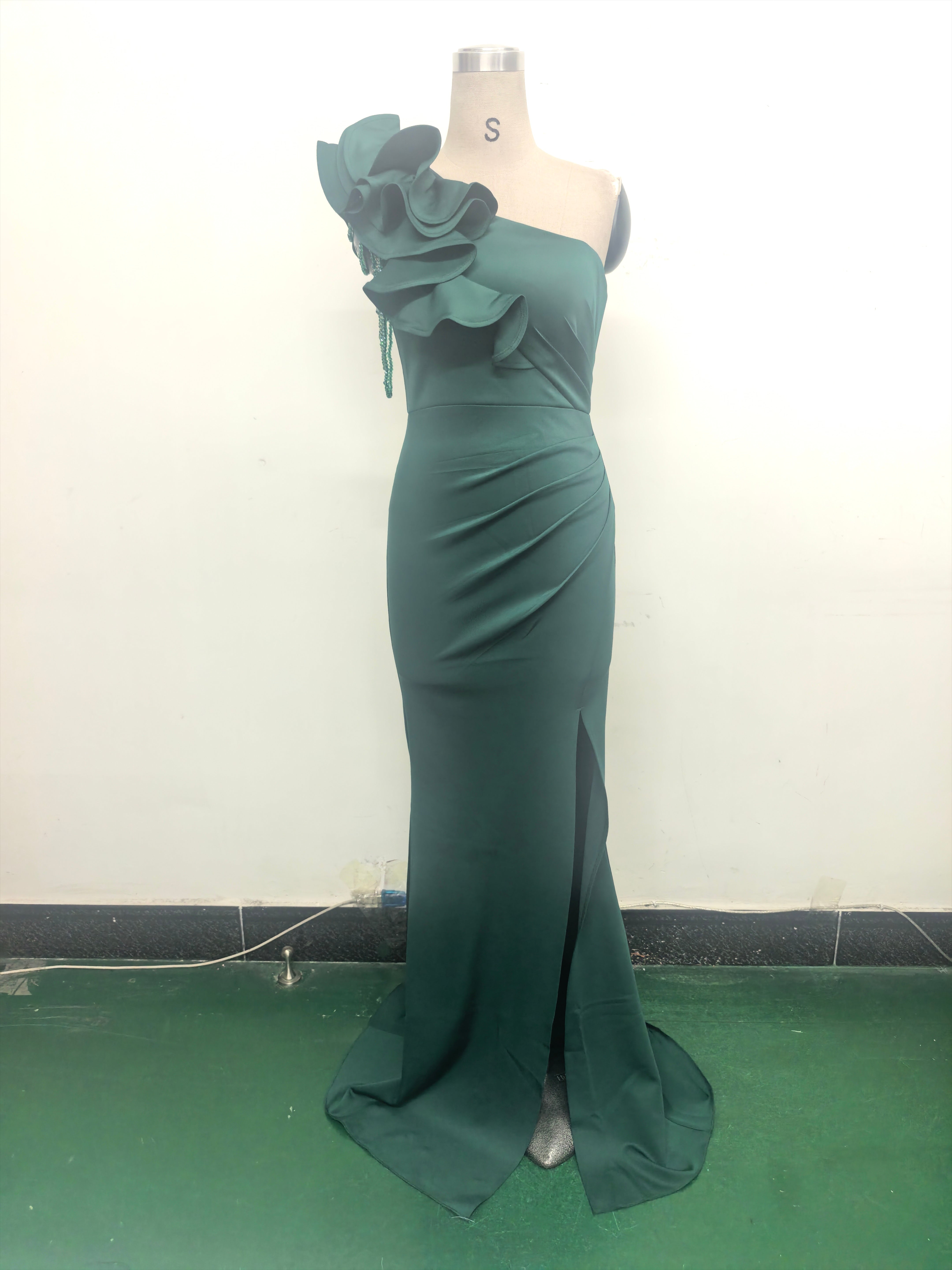 Women One-Shoulder Beaded Wool and Floral Satin Slit Sexy Evening Dress 34