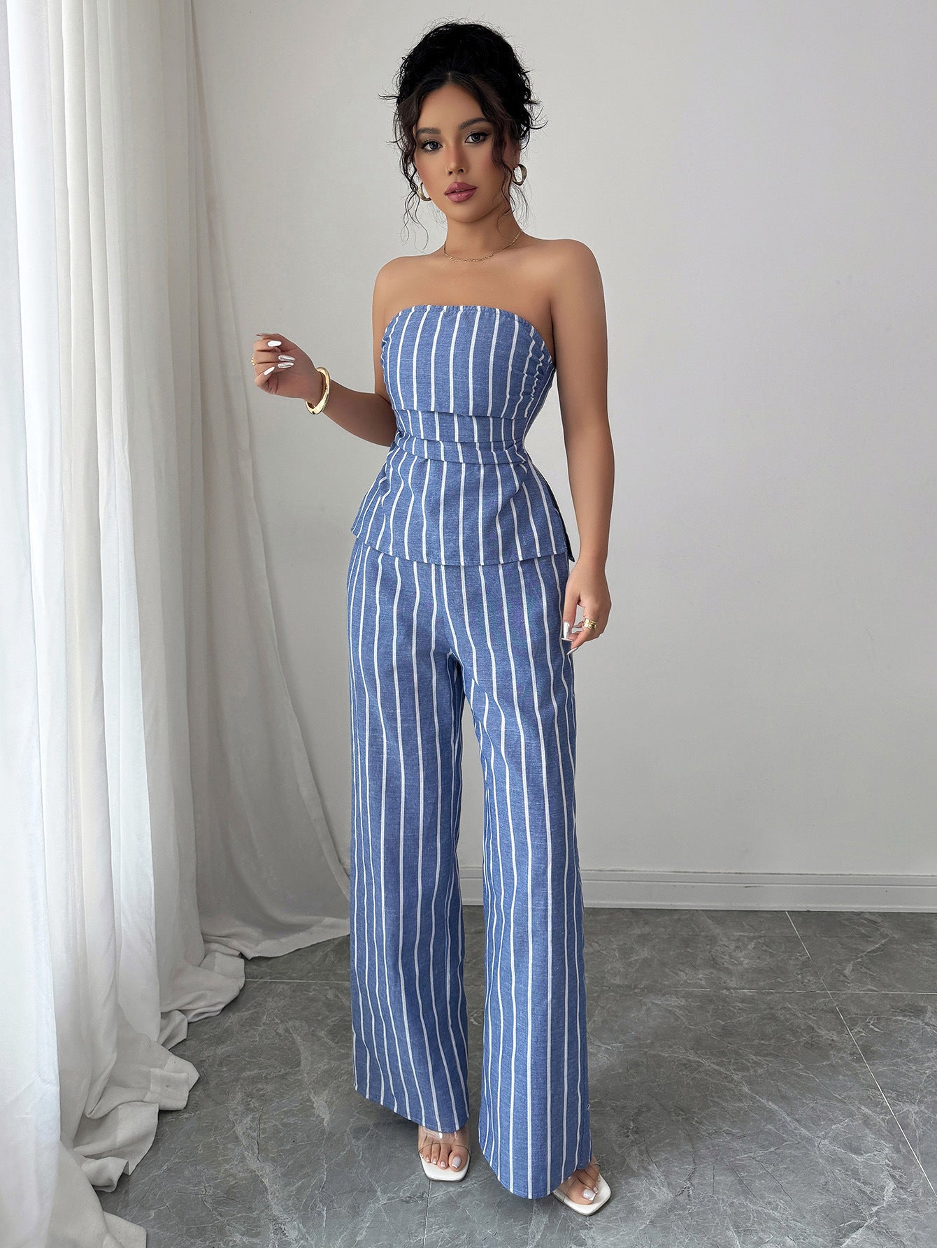 Spring/Summer Women's Fashion Casual Elegant Striped Strapless Vest & Trousers Two-Piece Set 3