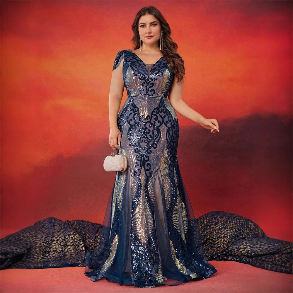 sequin Plus Size v-neck short-sleeved Chic cocktail formal Party evening dress 9