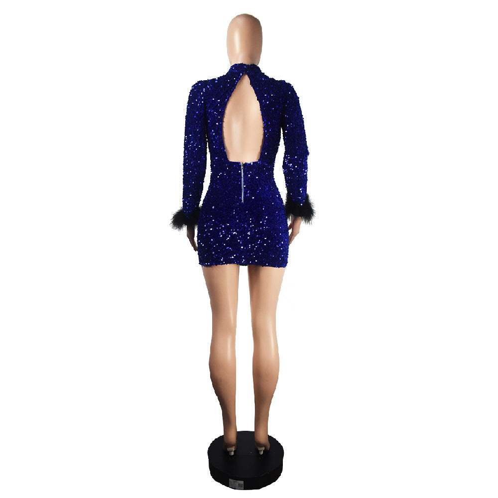 Fashion Cutout Long Sleeve Feather Low Back Sexy Cutout Sequin Nightclub Dress 18