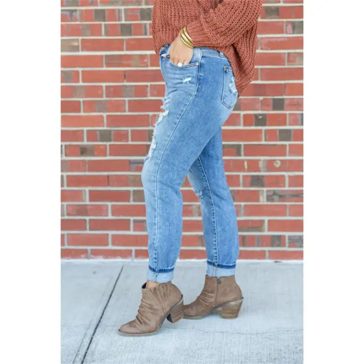 Light Color Tight Pants Women's Pants Street Mid-Waist Skinny Long Ripped Denim Trousers 3