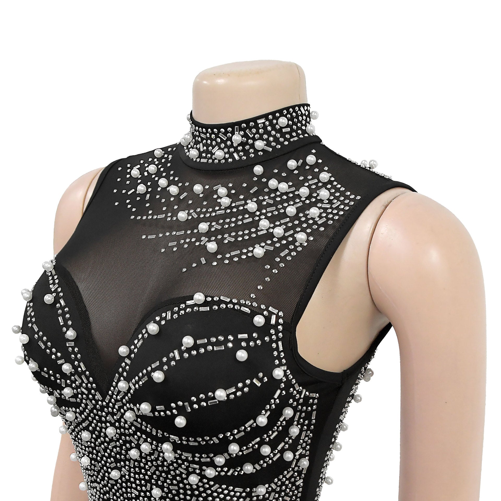 Fashionable Women's Solid Color Mesh Beaded Sleeveless Sexy Jumpsuit 14