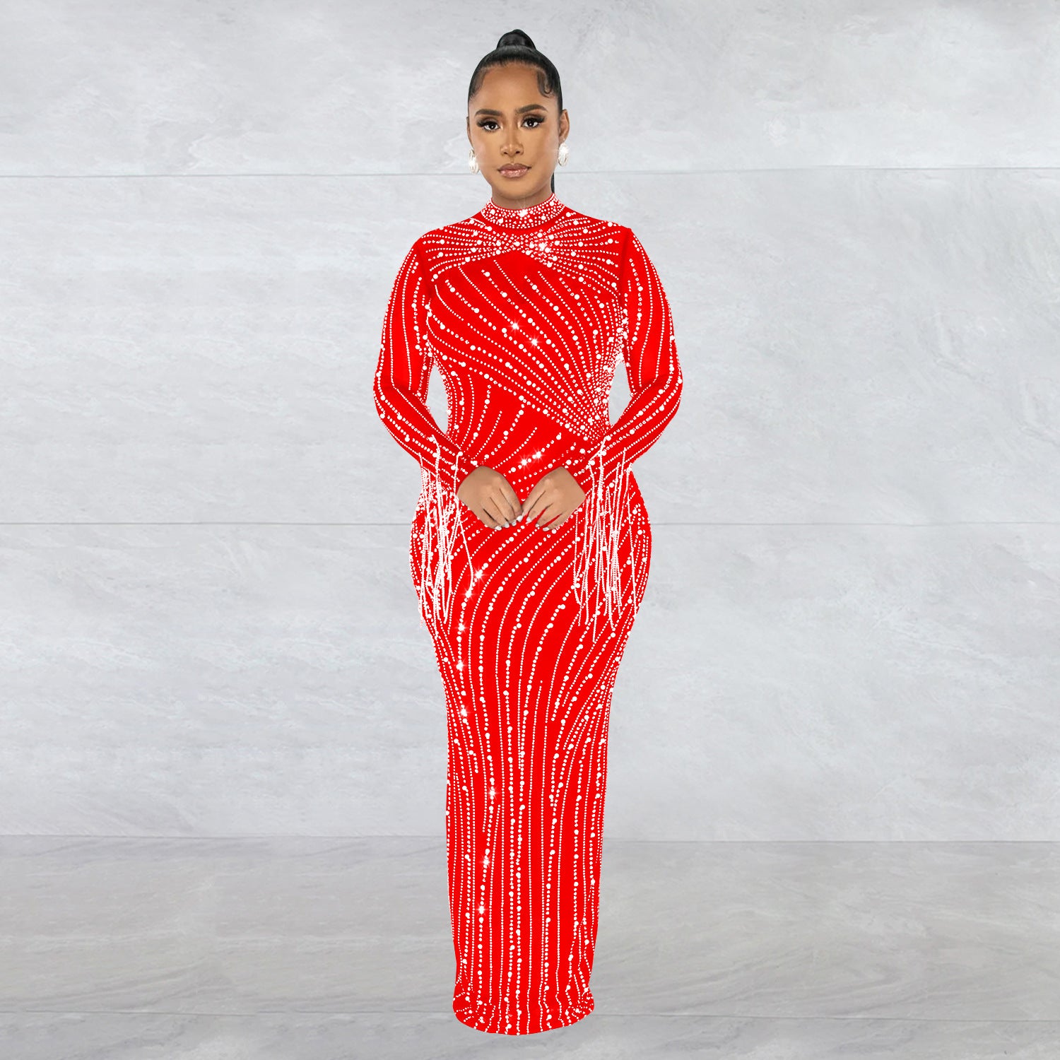 Women Mesh See-Through Beaded Long Sleeve Maxi Dress Set 5