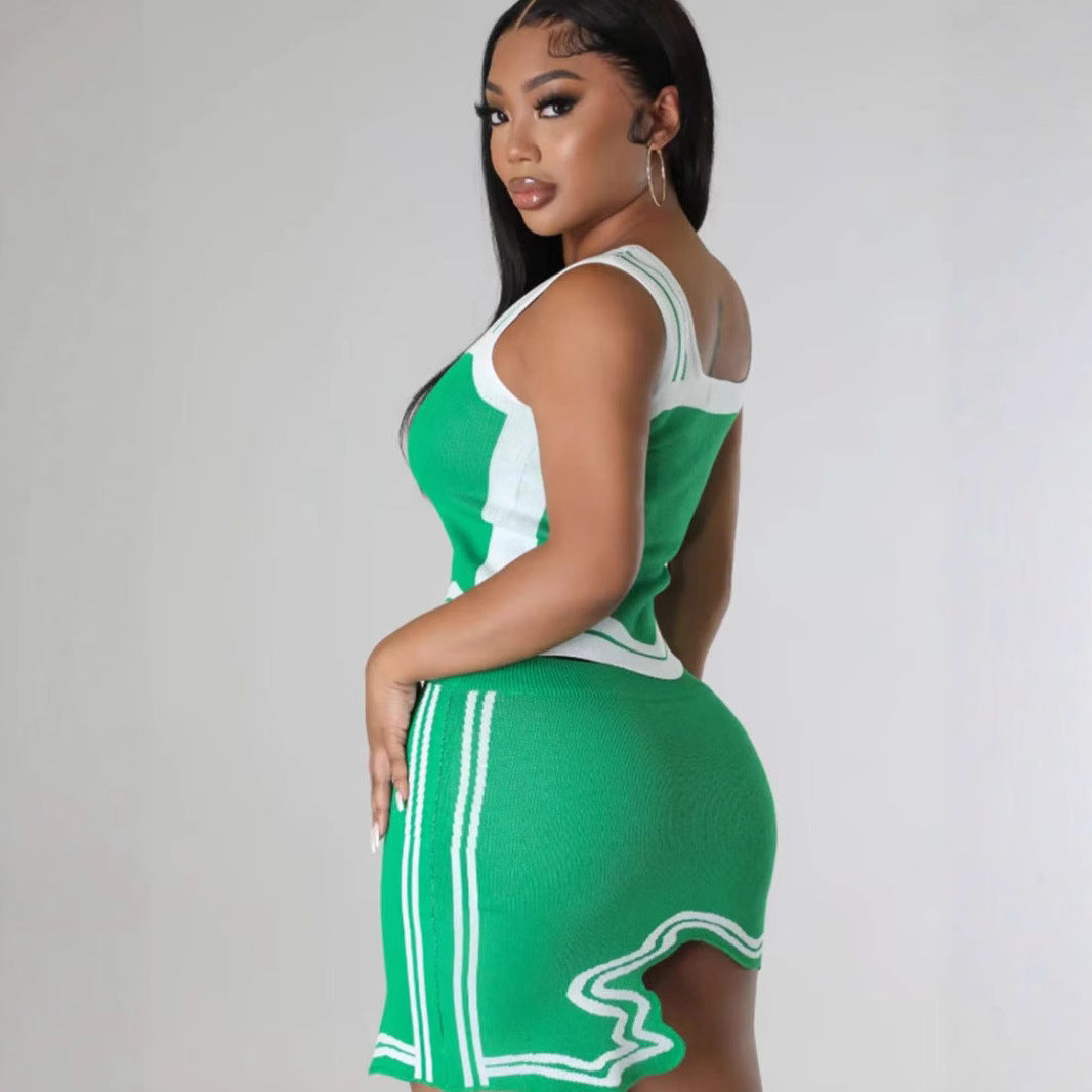 Women Knitting Striped Vest Wave Edge Hem Square Neck Irregular Sleeveless Top and Skirt Two-piece Set 6