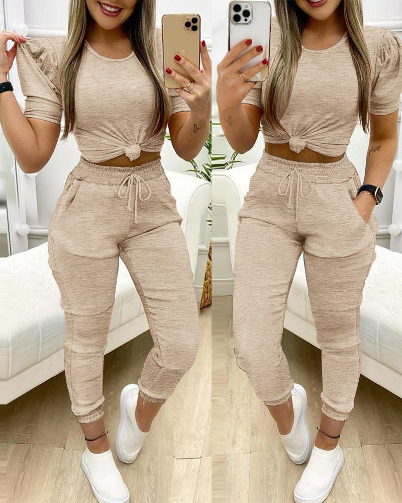 Round Neck Puff Sleeve Top Pants Two-Piece Set 3