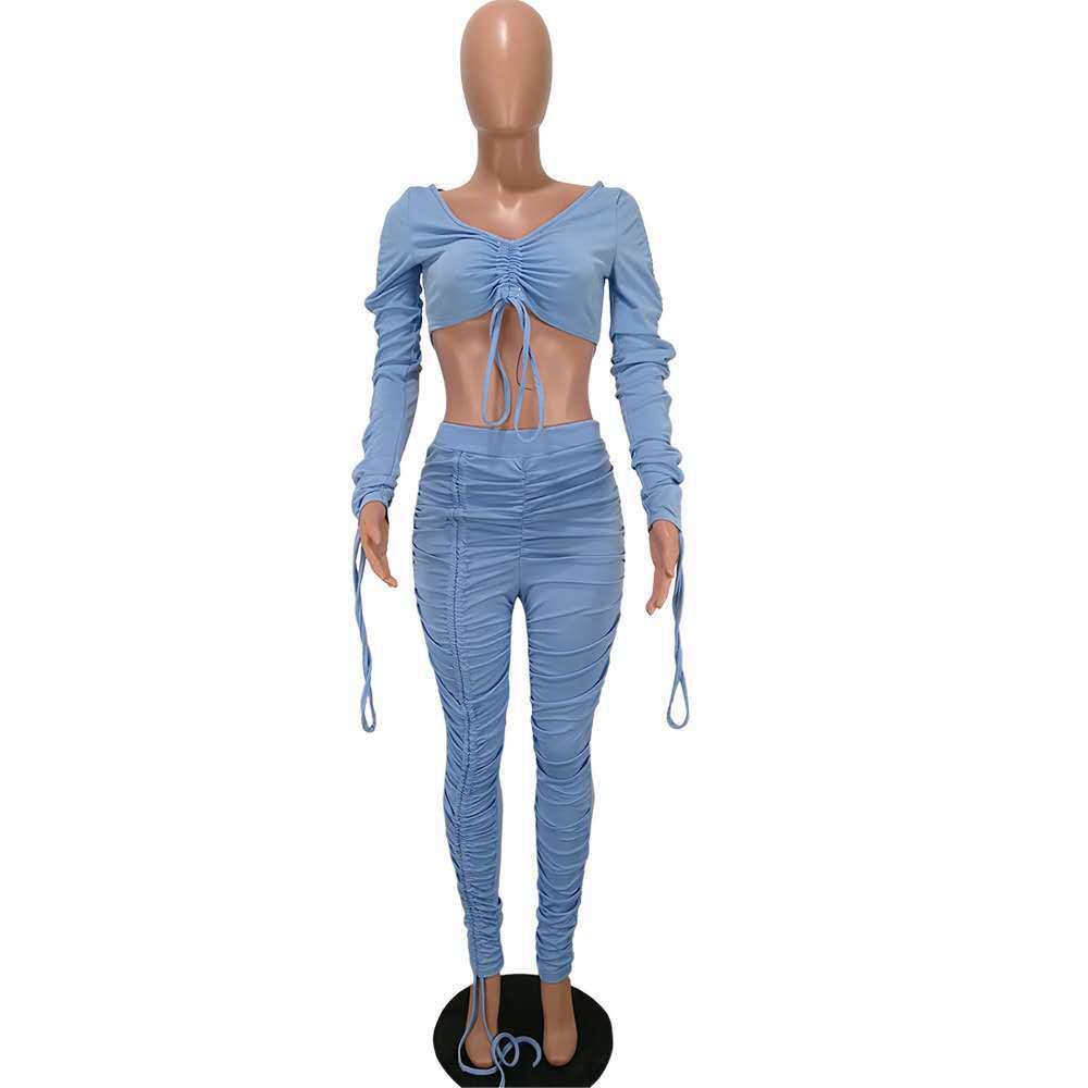 Sexy Women's Fashion Ruched Off Shoulder Solid Sexy Casual Two Piece Pants Set 15