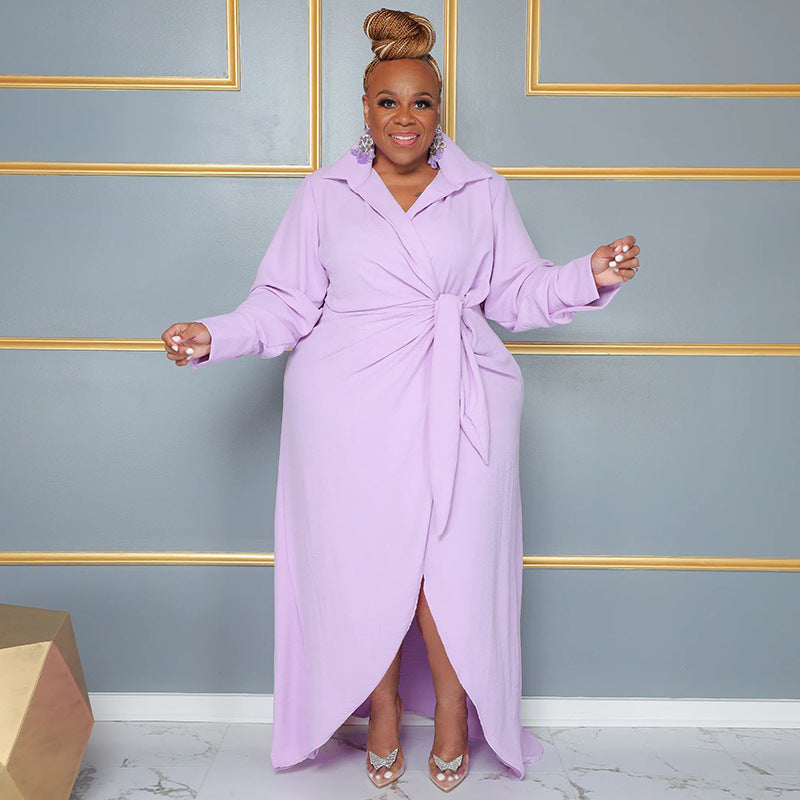 Women's Plus Size Long Sleeve Turndown Collar Slit Sexy Dress For Women 3