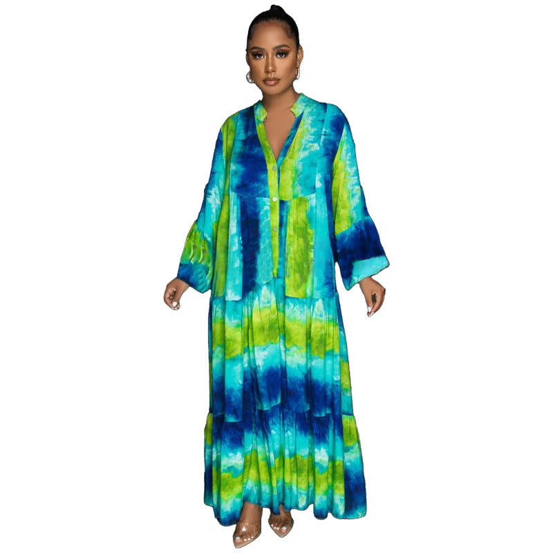 Fashion Painted And Printed V-Neck Long-Sleeved Long Swing Dress Maxi Dress 6