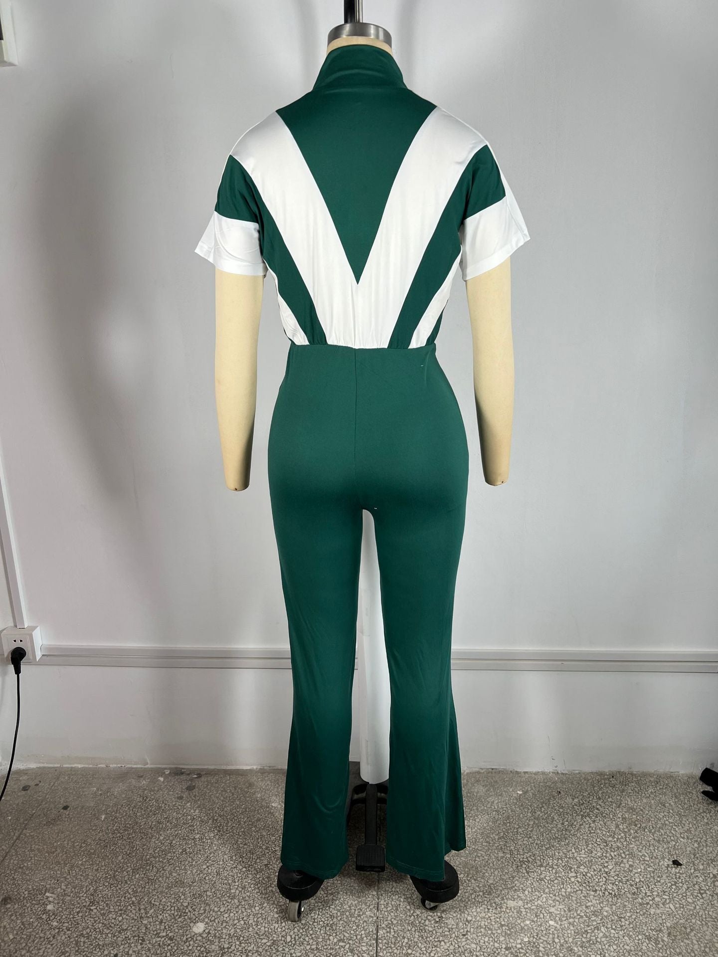 Women's turndown collar zipper patchwork bell bottom Jumpsuit 10