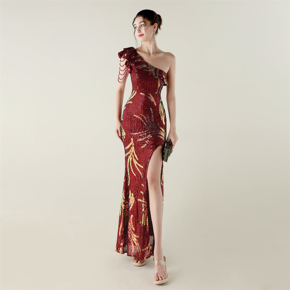 Sequin Beaded One-Shoulder High Slit Fishtail Dinner Party Dress 9