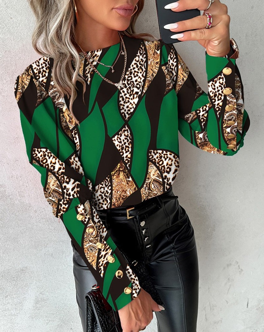 Spring Fashion Printed Long Sleeve Round Neck Button Shirt For Women