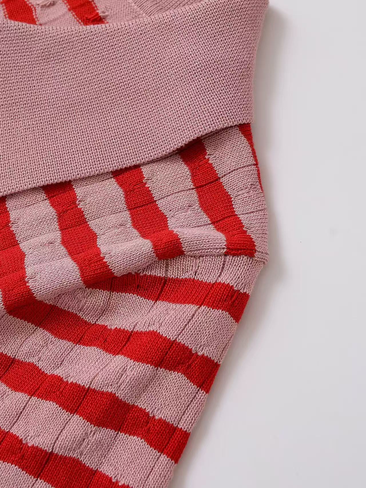 Fashion Turndown Collar Shirt & Striped Bell-Bottom Pants Summer Knit Set 22