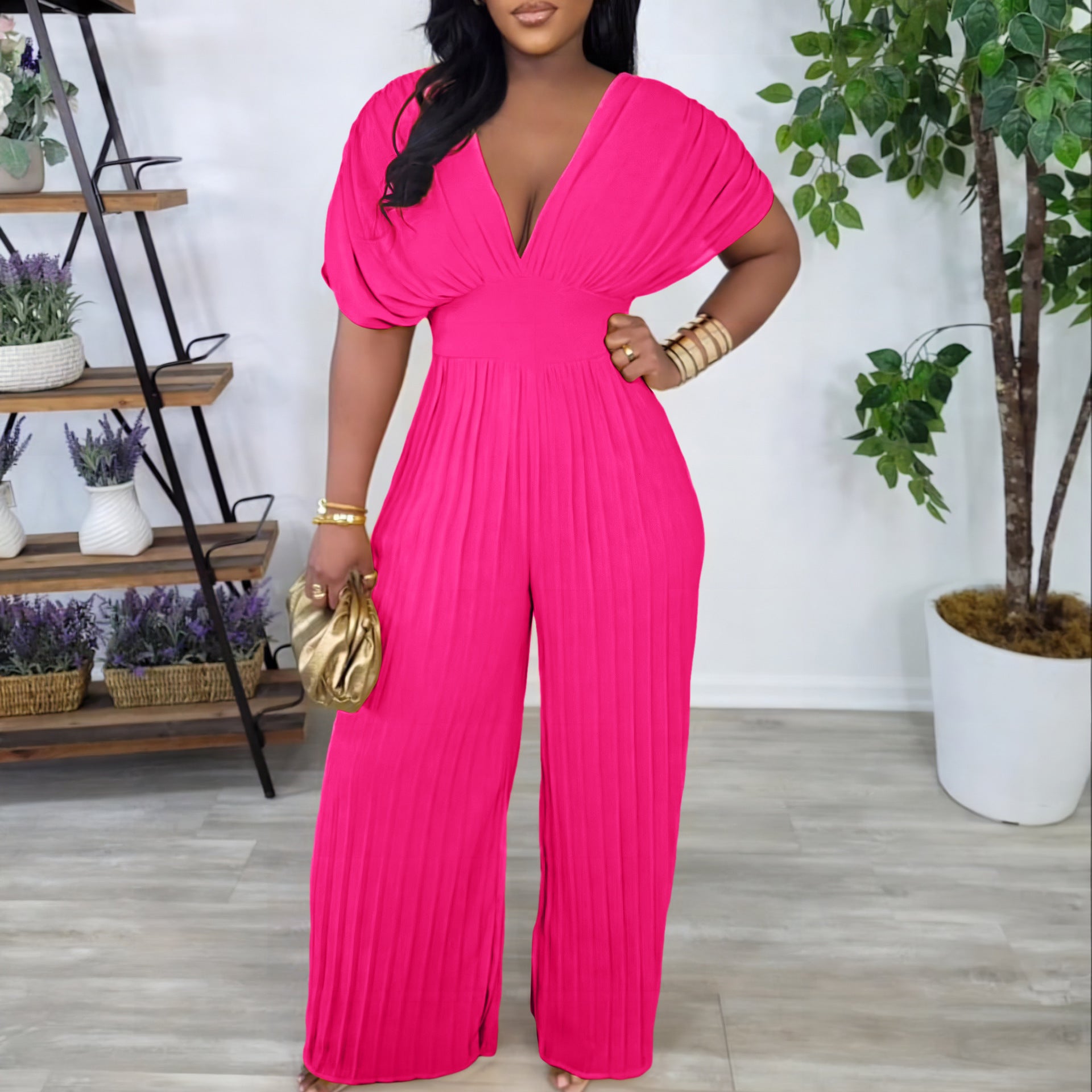 Women V-Neck Solid Sexy Pleated Jumpsuit 3