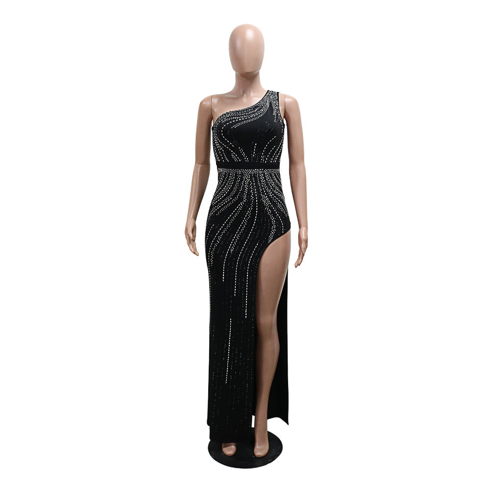 Women Sexy Slash Shoulder Beaded Slit Dress 15