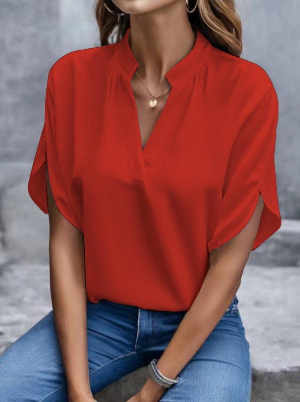 Women Summer Casual Solid V-neck Loose Shirt 4