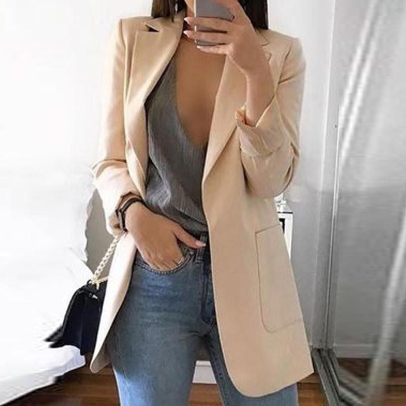 Spring Fall Women's Long Sleeve Plain Pocket Cardigan Blazer Jacket 16