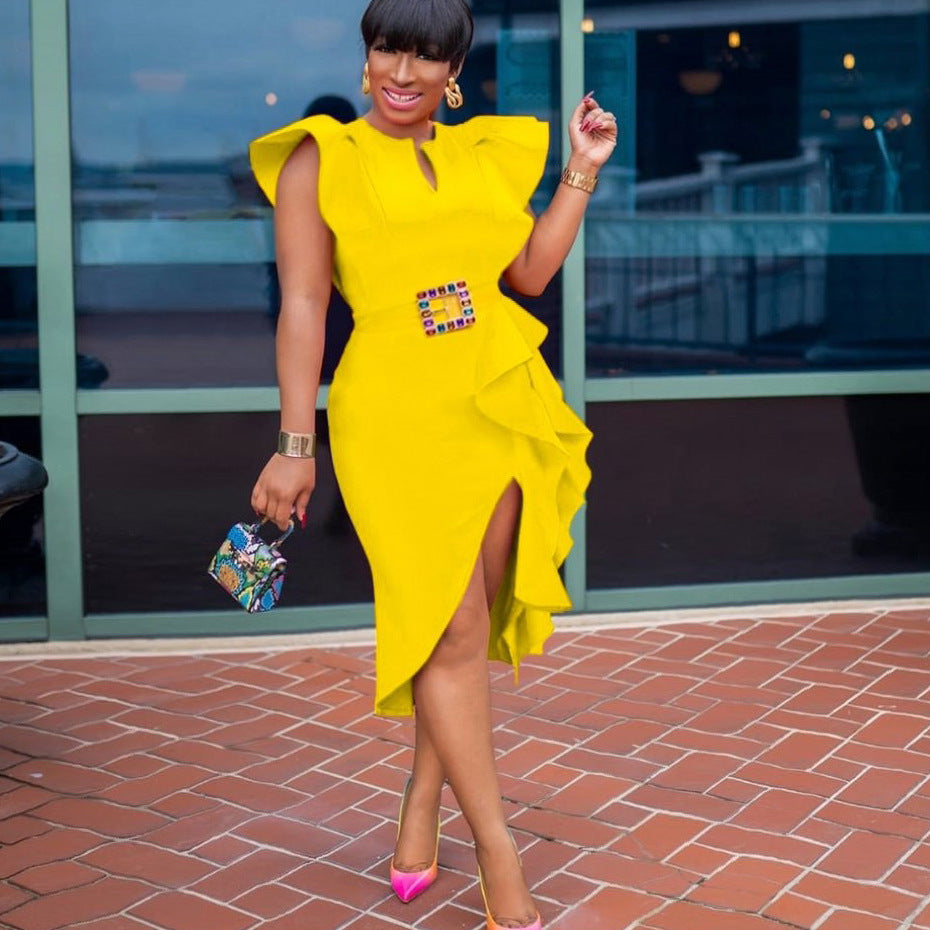 Plus Size Women Solid Irregular Slit Formal Party Dress 4