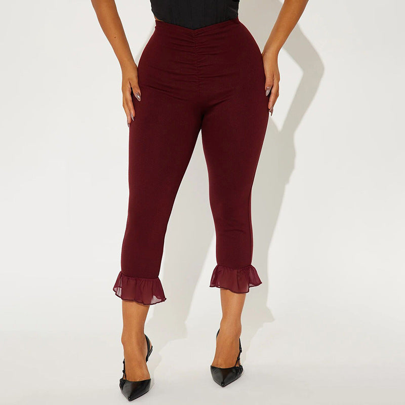Women's Spring and Summer Ruffled V Waist Solid Color Elastic 7-point Casual Pants 14