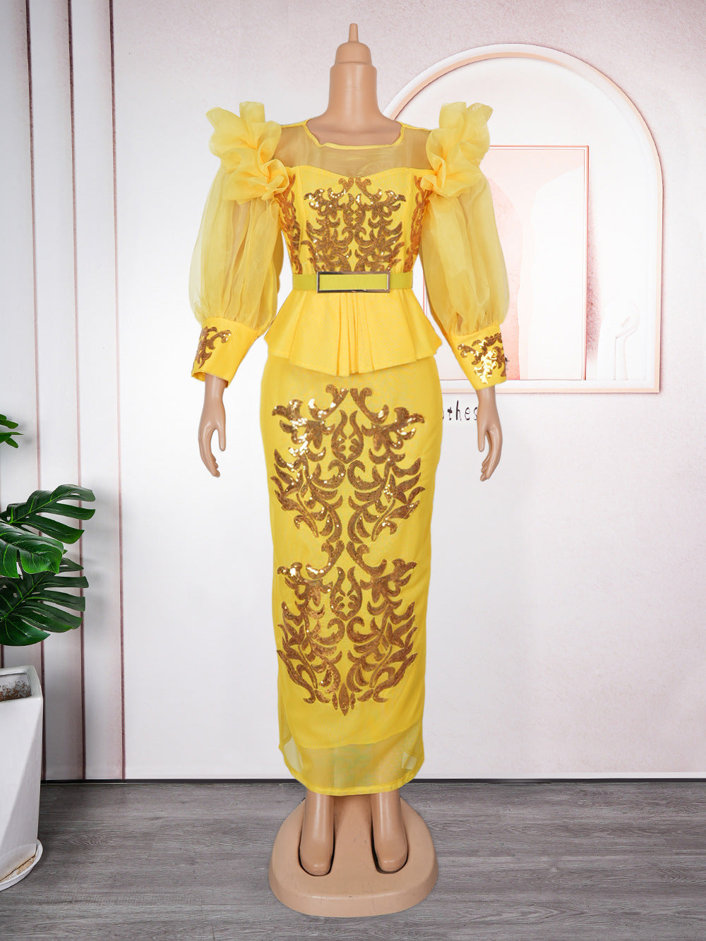 African Plus Size Women's Clothing Patchwork Bubble Sleeve Sequined High Waist Evening Dress 9