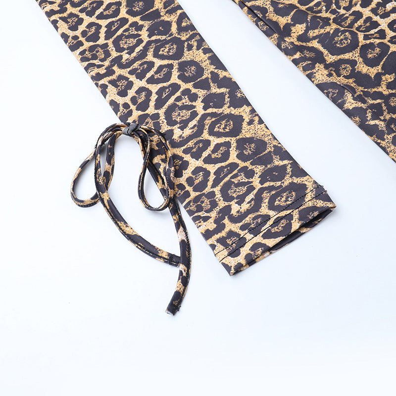 Women Fall V-Neck Leopard Print Crossover Lace-Up Dress 14