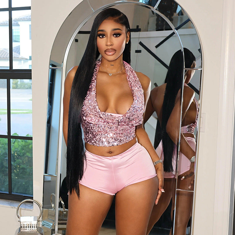 Women's Sequined Draped Halter Neck Lace-Up Top & Tight Fitting Shorts Two-Piece Set 3