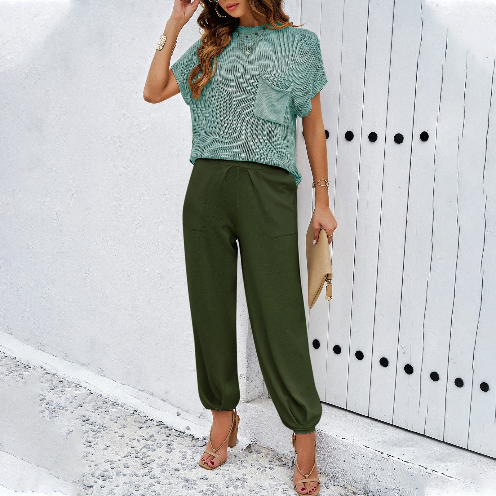 Women's Spring/Summer Chic Casual Solid Color Knitted Two Piece Pants Set 6