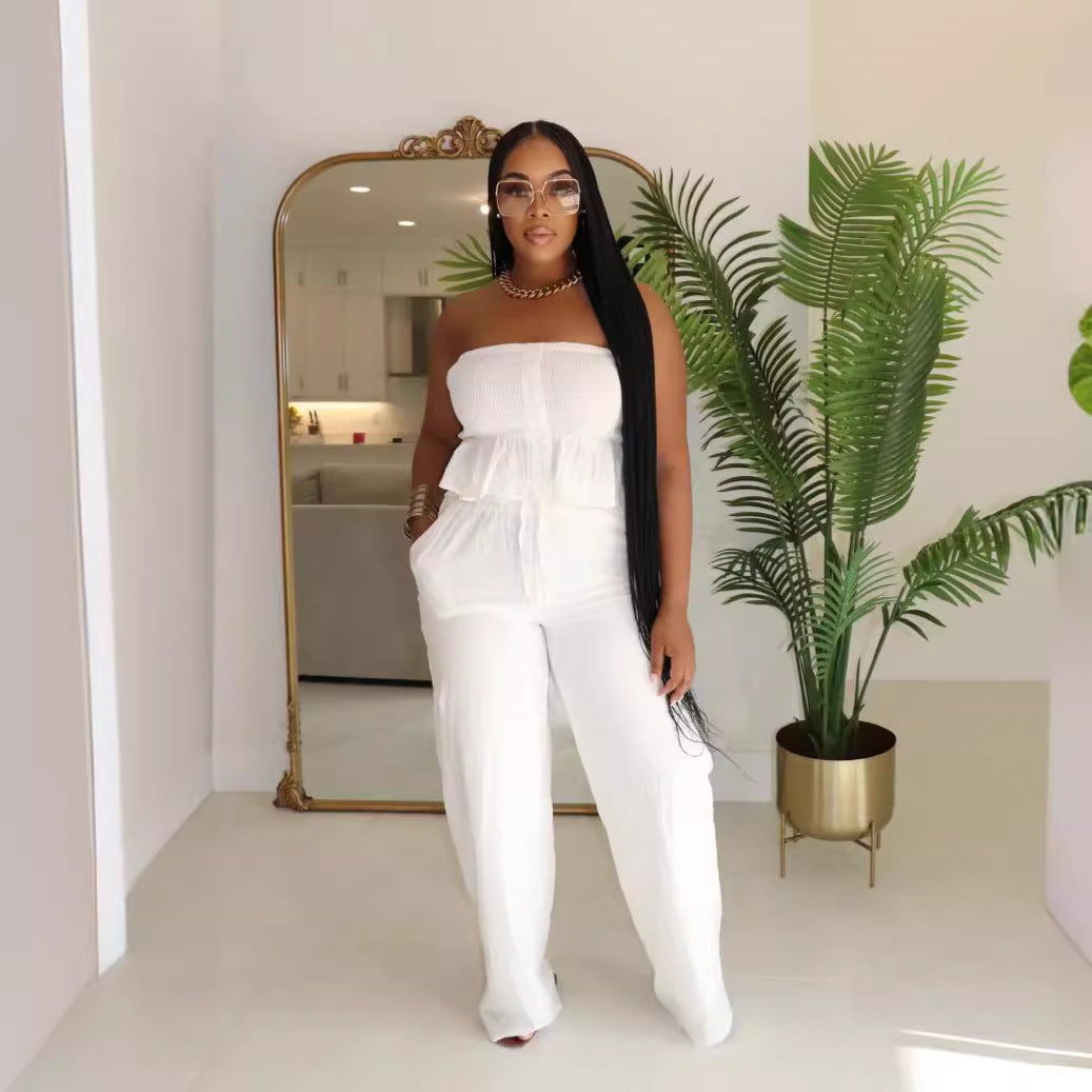 Sexy solid color strapless two piece pants set 3