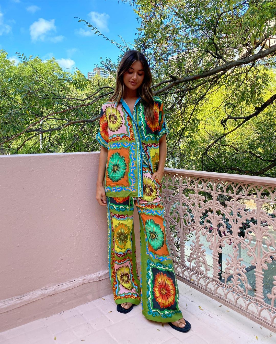 Summer Women Loose Printed Shirt Trousers Two-piece Set 4