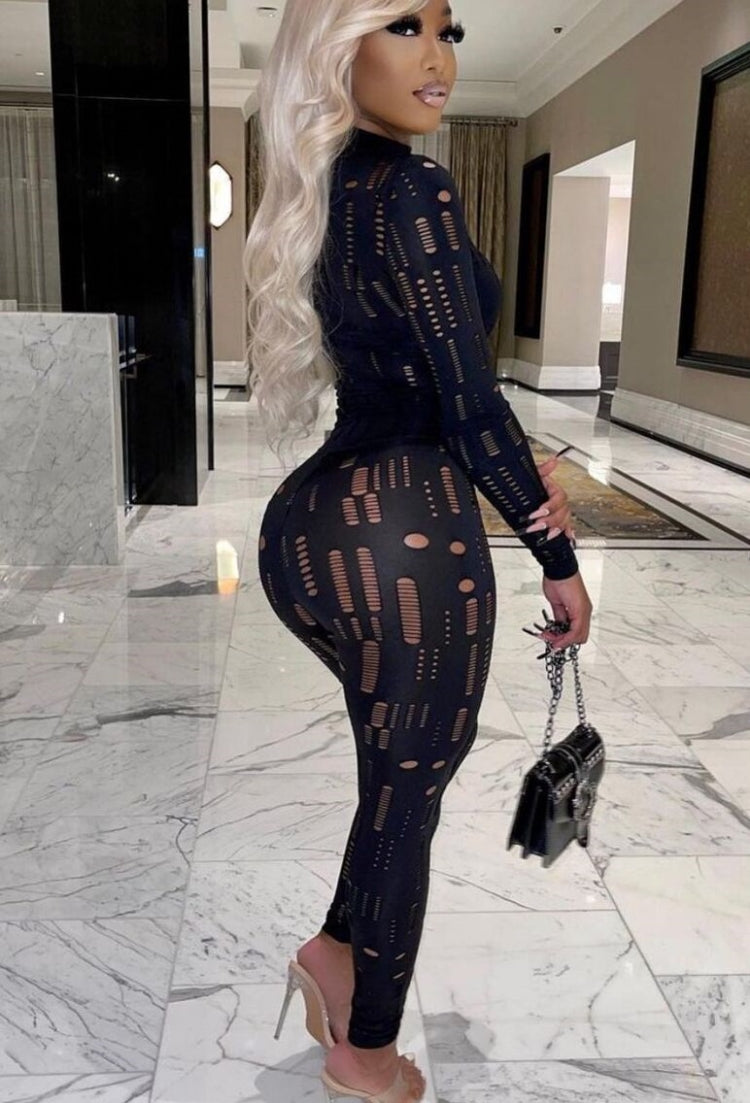 Spring Black Sexy Hollow Out Tight Top and Pants Two Piece Set