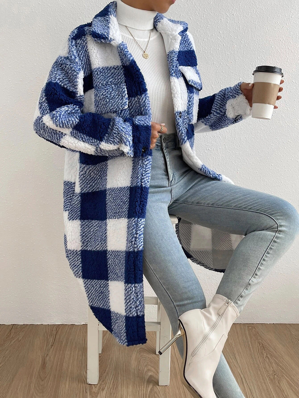 Autumn And Winter Open Button Turndown Collar Plush Plaid Coat Loose Chic Long Jeacket For Women 3