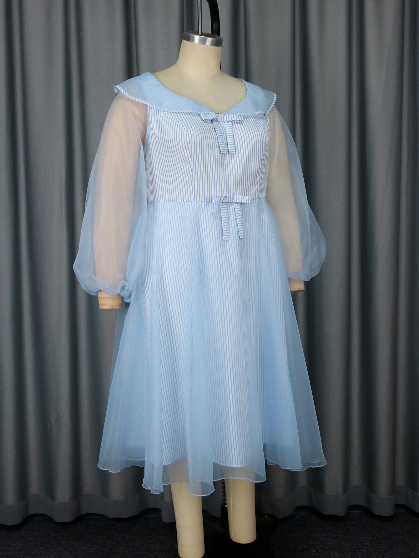 High-Waist Plus Size Women's Contrast Color Woven Striped Bubble Long-Sleeve A-Line Dress 8