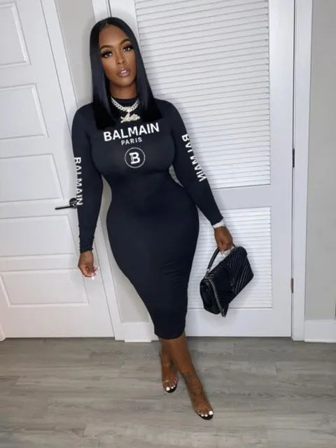 Fashion Letter Printed Long-Sleeved Slim Bodycon Dress 11