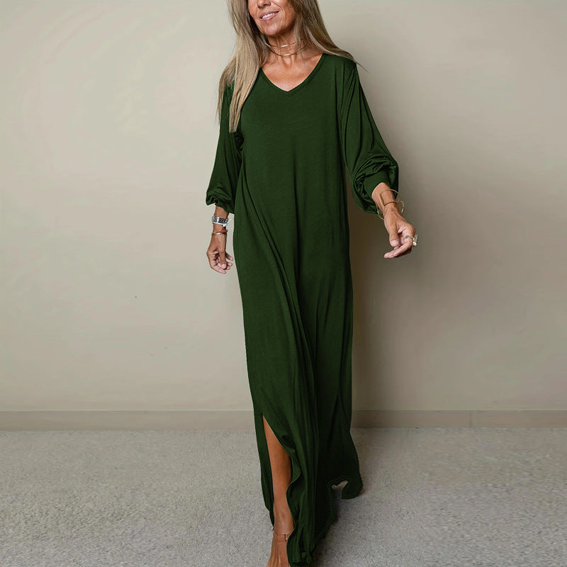 Plus Size Women's Long Sleeve V-Neck Loose Slit Dress 4