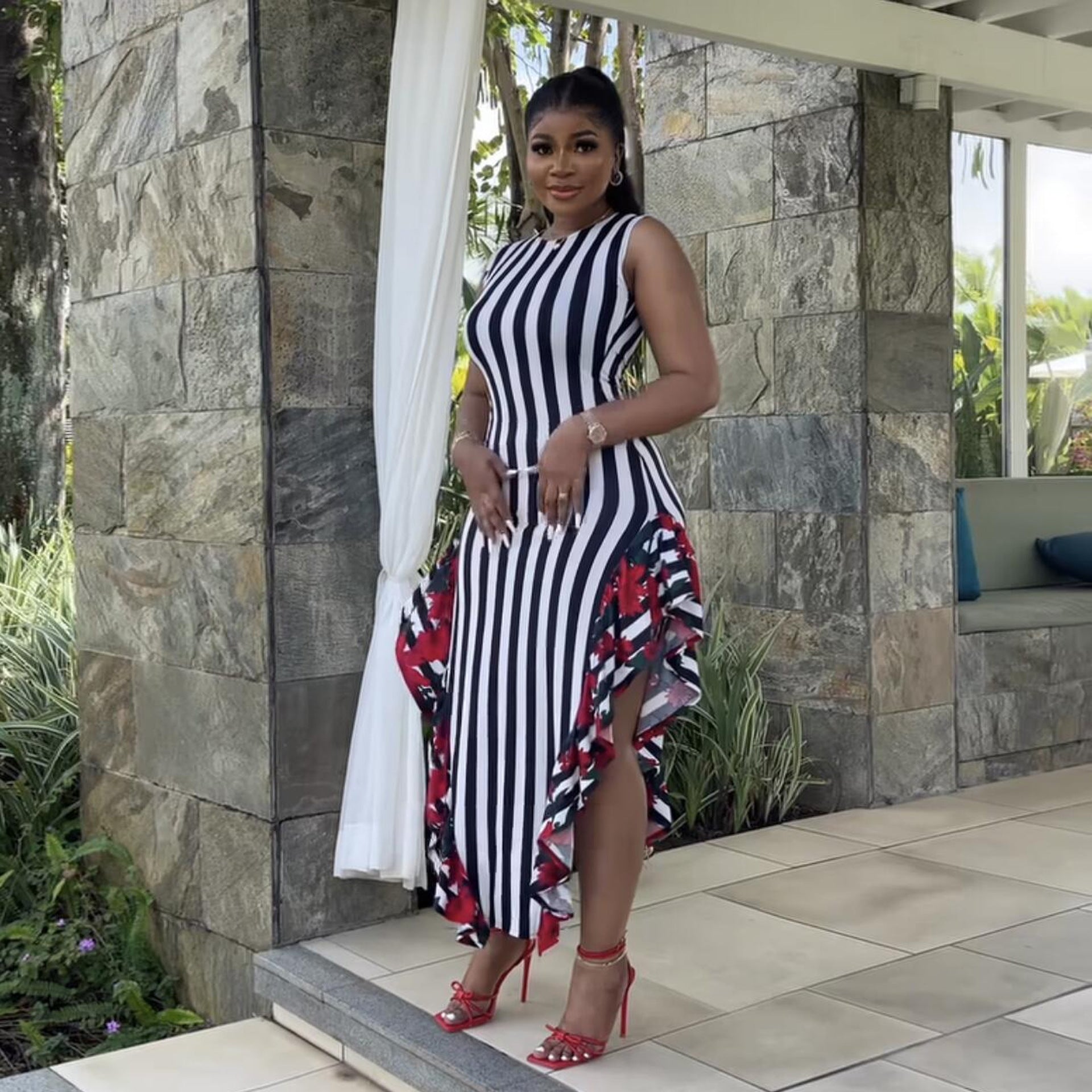 Women's Printed Stripe Patchwork Ruffle Edge Sleeveless Long Dress 3