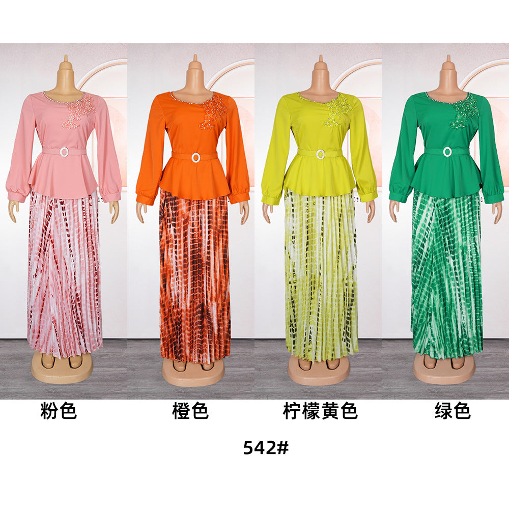 African Women's Plus Size Embroidered Beaded Chic Career Two Piece Pleated Skirt Set 7