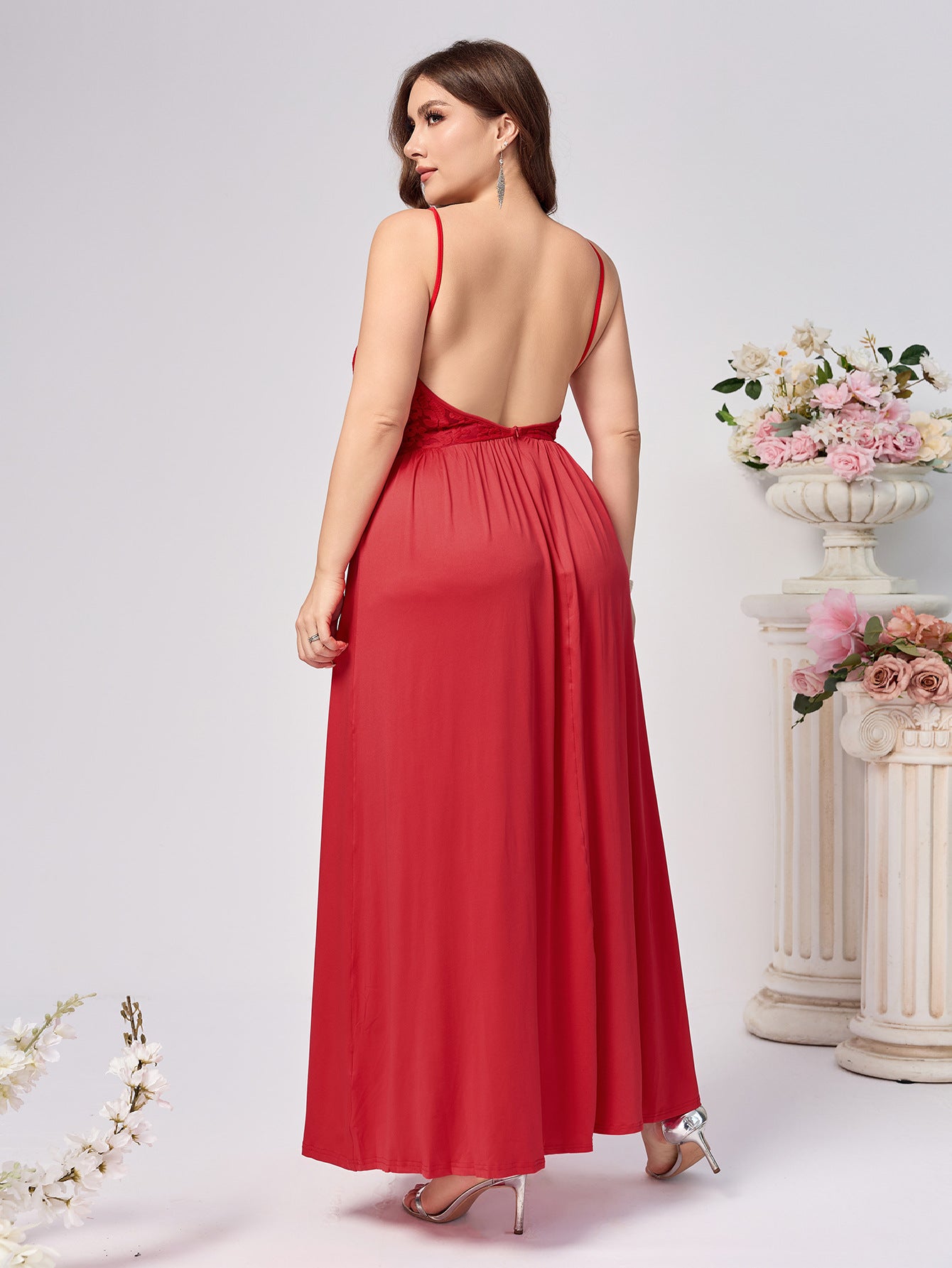 Plus Size Women Suspender Backless Solid Slit Hollow Sexy Dress 7