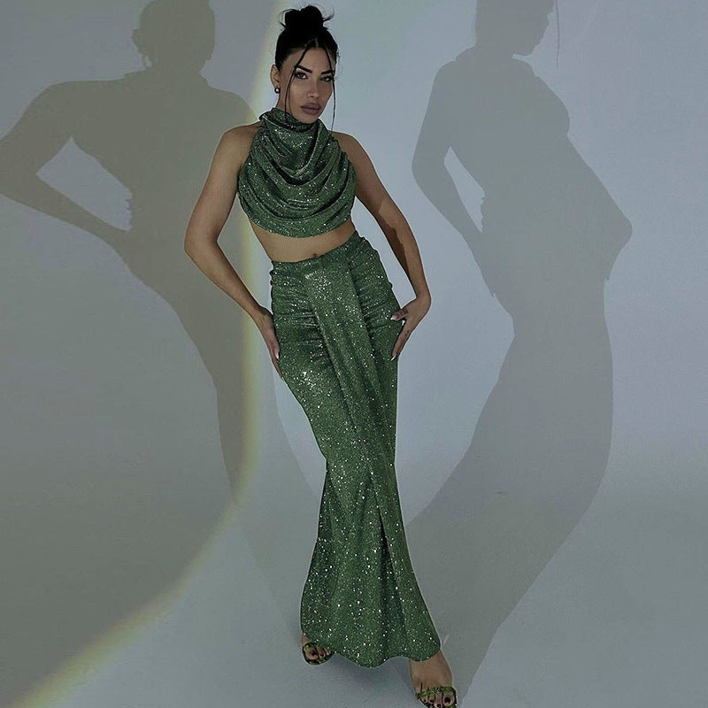 Sexy Halter Backless Top High Waist Bodycon Long Skirt Fashion Women Two Piece Set 4