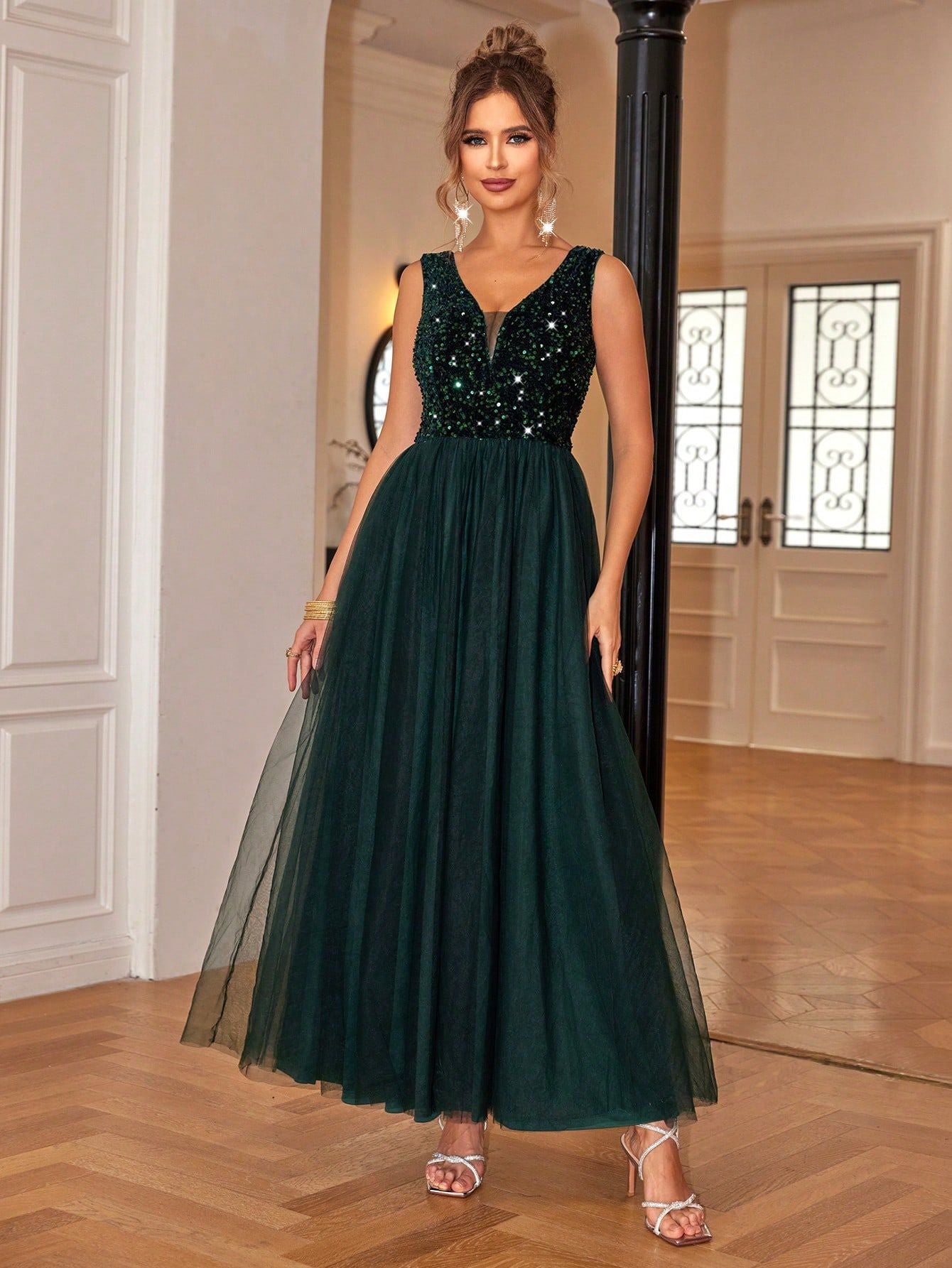 Women Sexy Sequins Patchwork Mesh Dress 8