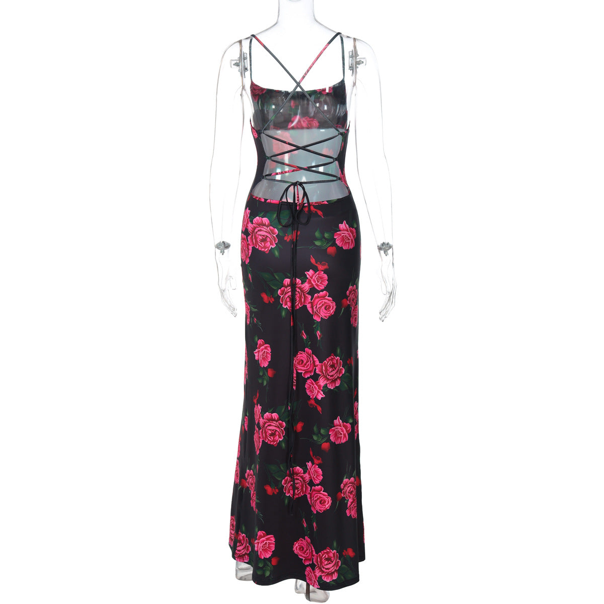 Women Spring Flower Print Sexy Backless Lace-Up Dress 8