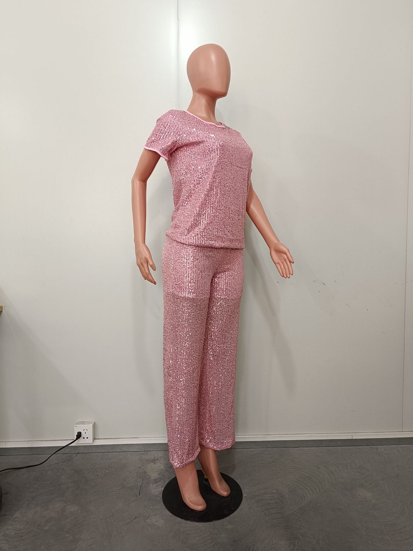 Women Spring Summer Sequin Solid Short Sleeve Top and Pants Two-piece Set 27